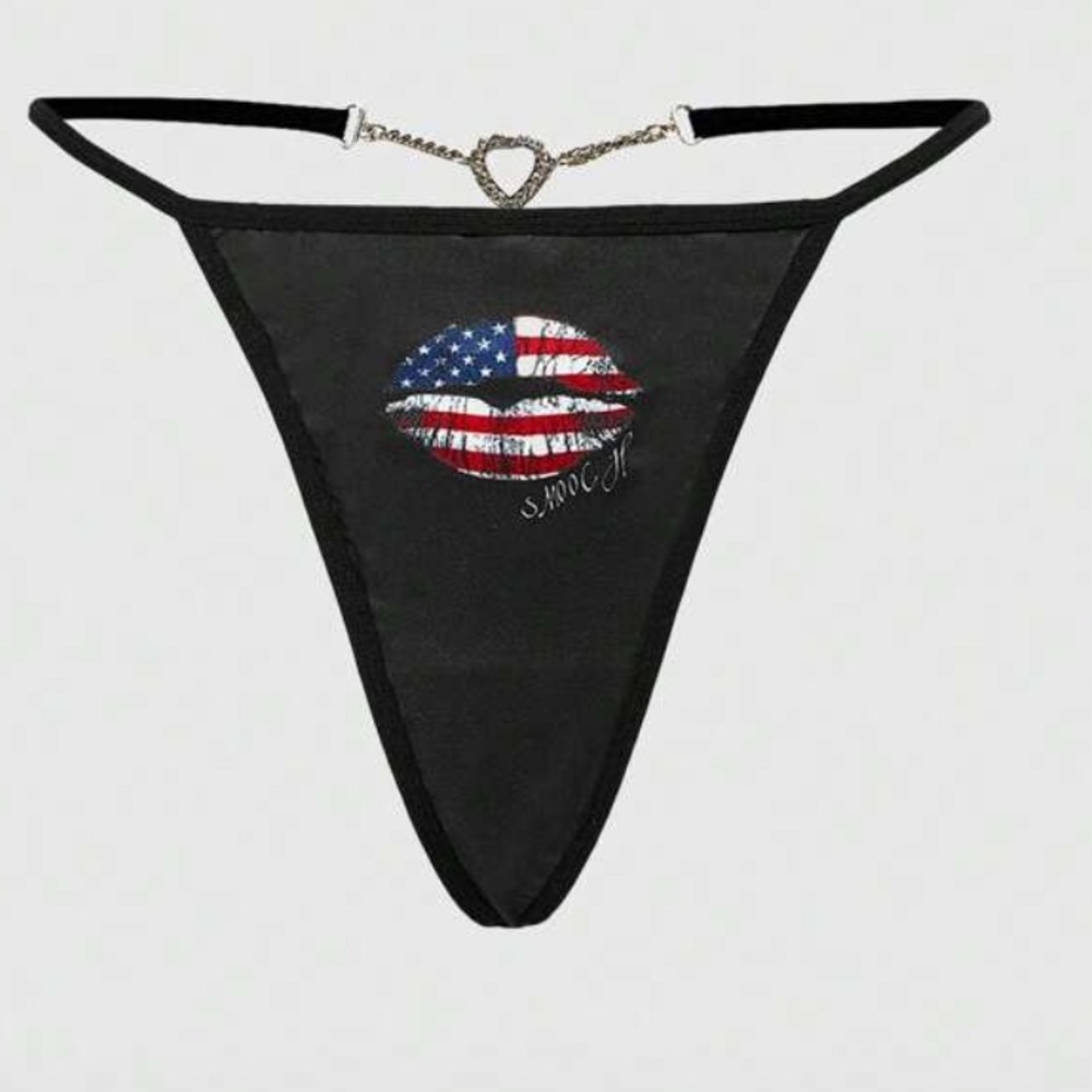 Black Sheer Thong with American Flag Lip Print and Heart Chain